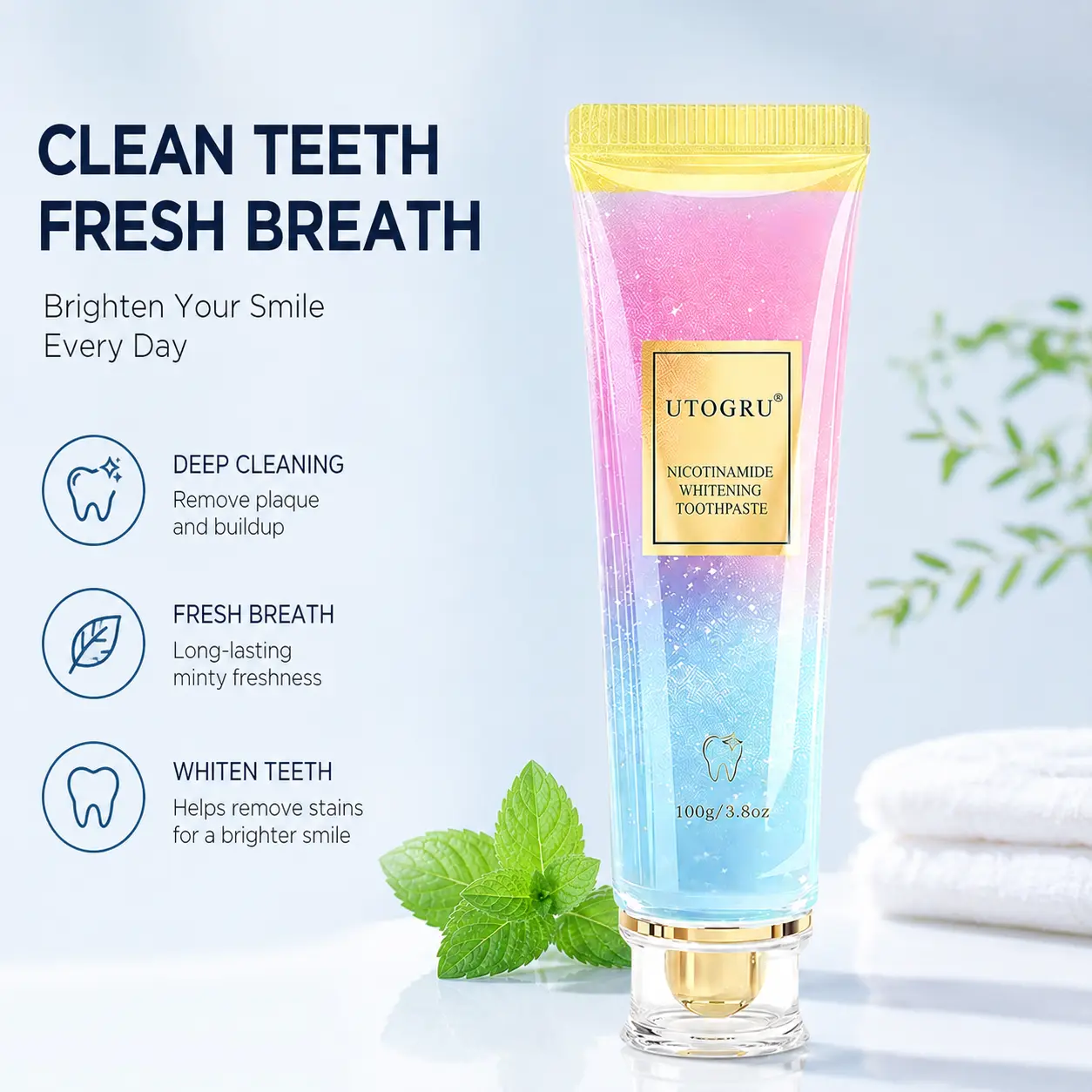 Utogru Niacinamide Tooth Whitening Toothpaste - Fluoride-Free Advanced Whitening, Anti-Yellowing, Breath Neutralizing Toothpaste for Bad Breath Treatment, Enamel Repair, Stain Removal