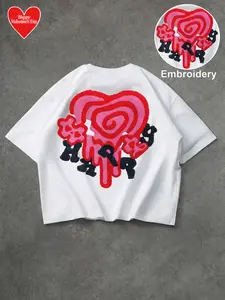 Unisex Casual Street Style Valentine's Day Gift, Happy Letter Heart Embroidery Short Sleeve Cotton T-Shirt, Y2K Fashion, Couple