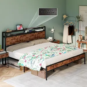 AMERLIFE Metal Bed Frame with 2-Tier Storage Headboard and Charging Station, Rustic Platform Bed, No Box Spring Needed/No Mattress/Bed Frame Storage