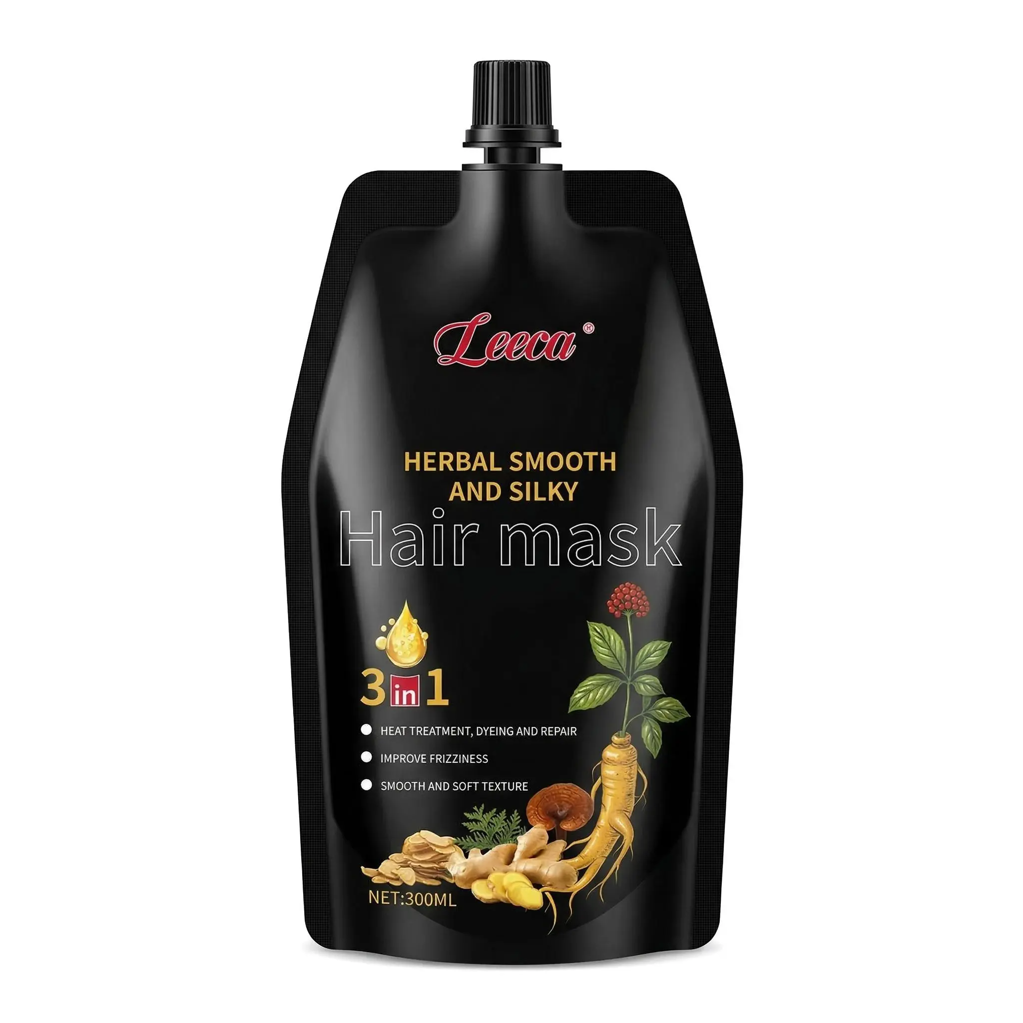 Leeca 3-in-1 Herbal Hair Mask - 300ml Deep Repair Treatment with Ginseng, Multivitamin for Dry, Frizzy Over-Processed Curly Hair, Haircare, Smooth