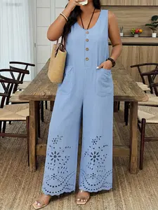 Plus Size Women's Casual Everyday Sleeveless Top with Pockets, Round Neck Design, Button, Plain Hollow Wide Leg Jumpsuit, Spring Summer Wear