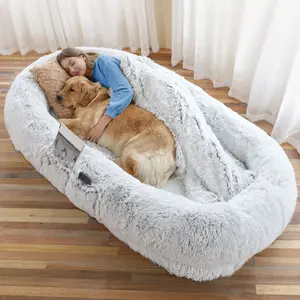 Human Dog Bed Large Size Fits You and Pets, Washable Faux Fur Orthopedic Dog Bed for People & Dogs to Doze Off & Nap Together - Includes Plump Pillow, Blanket & Strap, Spacious & Cozy for Humans & Pets to Cuddle, Sleep & Relax