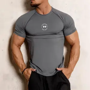 Men's fitness short-sleeve summer elastic sports quick-dry T-shirt with dumbbell print trendy fitness top