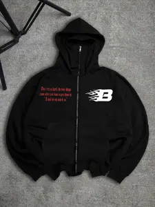 Men's Hooded Fleece Sweatshirt, Zipper Cardigan Bandit Head Cover Jacket, Flame Letter B Motivational Slogan, Comfortable Fit