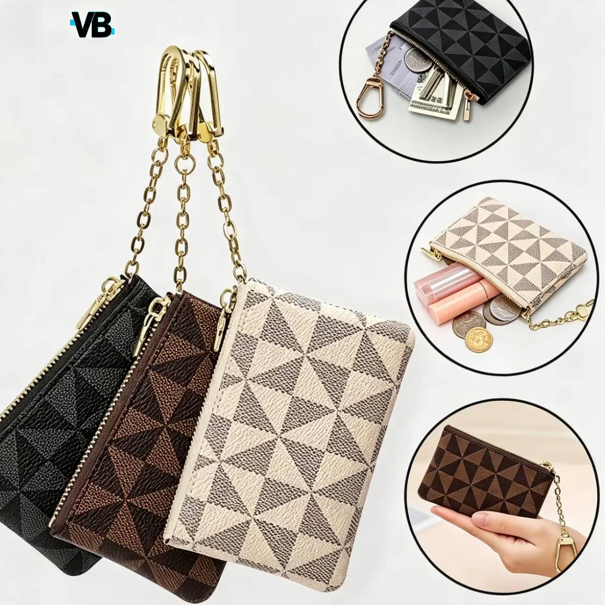 Women’s basic checkerboard-pattern keychain wallet — lightweight zippered coin purse, waterproof mini pouch, compact multifunctional storage bag with gold accents, wrist strap, and card slots， Card SlotsPocket，Cardholder， women’s gift