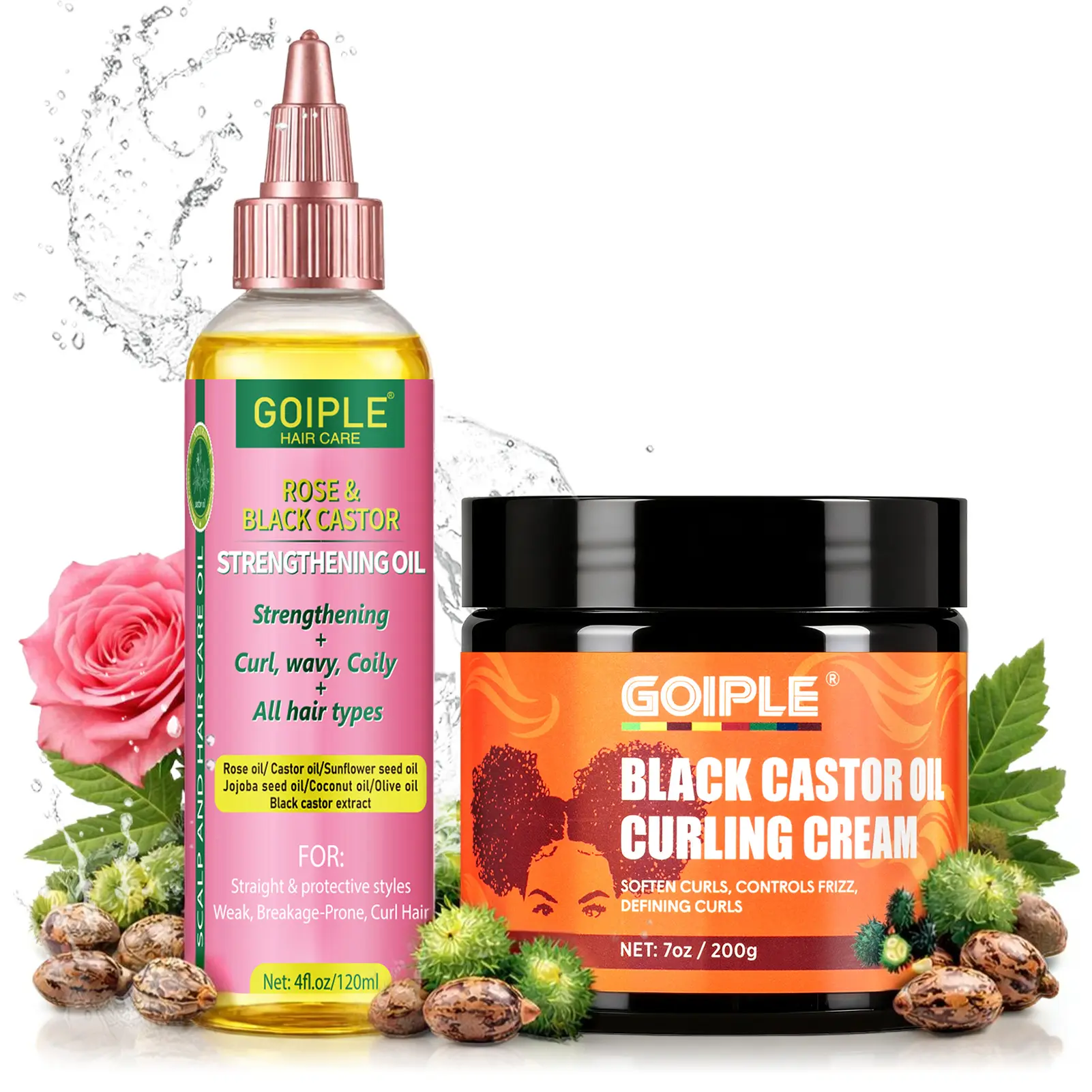 Black Castor Oil Curl Cream & Rose & Castor Hair Oil for Hair Growth Strengthening 7oz/200g & 4 fl oz/120ml Haircare Set
