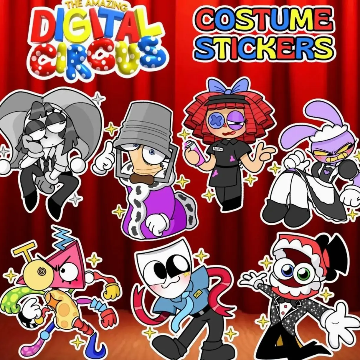 7 Ops The Amazing Digital Circus Costume Vinyl Stickers - Pomni, Jax, Ragatha, Gangle, Zooble, Kinger, Caine