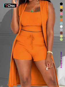 three-piece set women's solid ribbed crop tank top & drawstring waist shorts & vest coat set, elegant sleeveless top & high waist shorts & open front outerwear, summer outfits sets, chic womenswear, clothes