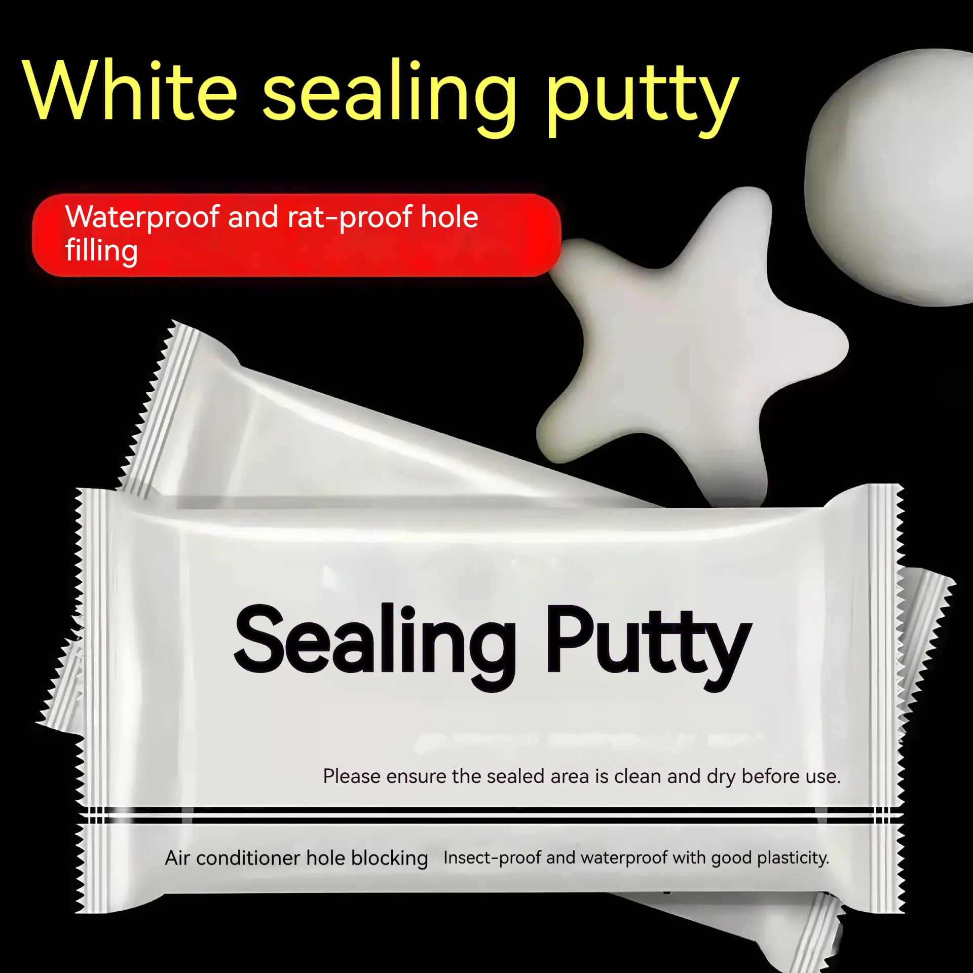 Multipurpose sealing putty; waterproof, insect-, rodent-, and pest-resistant clay; reusable, highly malleable white sealing putty for filling cracks in walls and pipes; a household weatherproof gap filler suitable for indoor and outdoor use