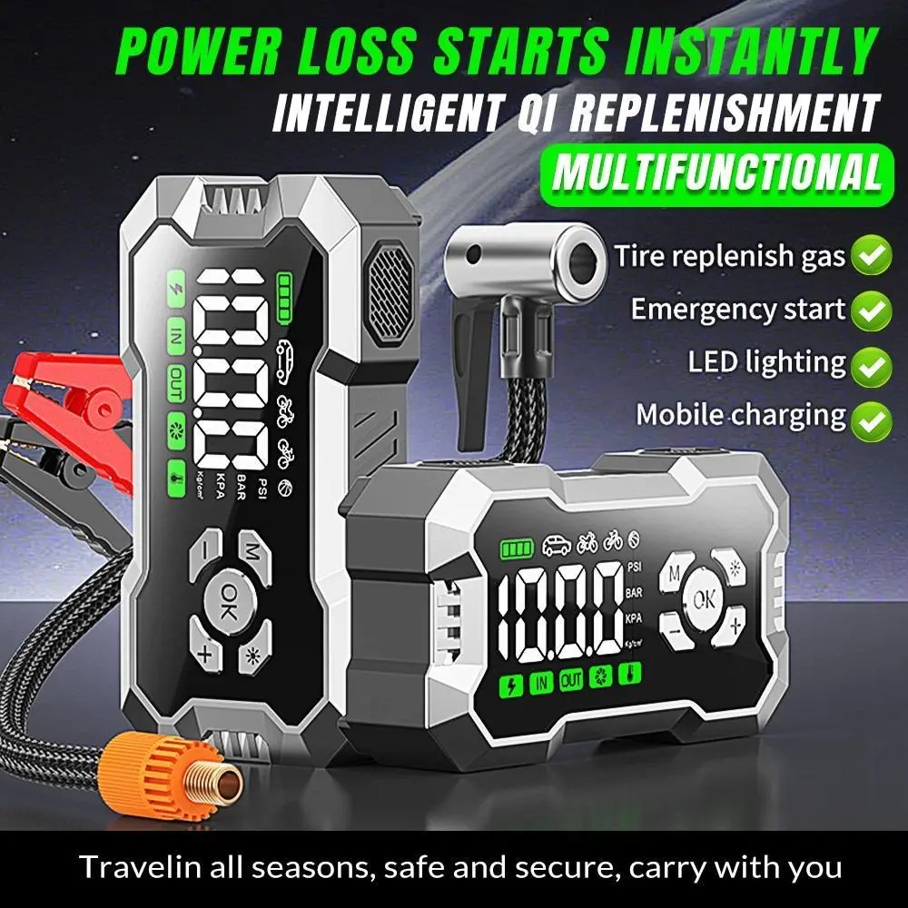 【DealsForYou】2-in-1 Emergency Kit 3000A Peak Jump Starter with 150PSI Air Compressor, 6400mAh Portable Car Battery Booster 12V, Type-C Fast Charging Power Bank, LED Light for Gas & Diesel Vehicles