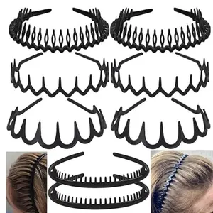 8PCS Black Plastic Headbands with Teeth, Non Slip Skinny Hair Bands for Women Men