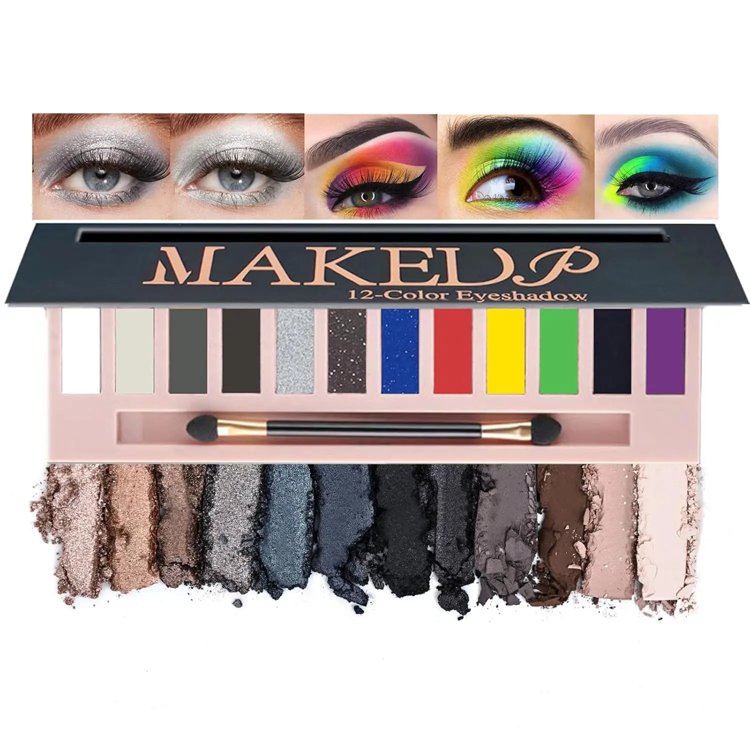 BestLand 12 Black Silver Eye Makeup Eyeshadow Natural Nude Matte Shimmer Glitter Pigment Pallete Set Waterproof Smokey Rainbow Neon Colorful