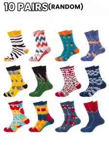 10 Pairs Randomly Matched Mid-Calf Socks, Unisex Zebra Shark Pineapple Geometric Patterns, Soft Breathable, Fashionable Everyday Wear, Comfy Breathable Socks