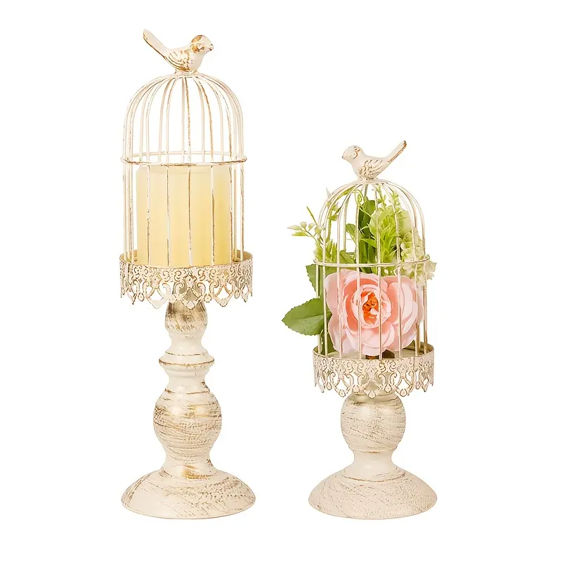 Vintage Metal Iron Birdcage Candlestick Set (2-Piece), Dining Table Wedding Centerpiece for Home & Christmas Decor