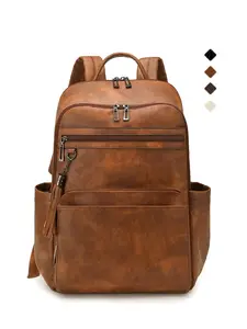 Women's Vintage Laptop Backpack Waterproof Soft Leather Travel Bag Multi-Layer Design Fits 15.6 Inch Computer A4 Books Umbrella Cup