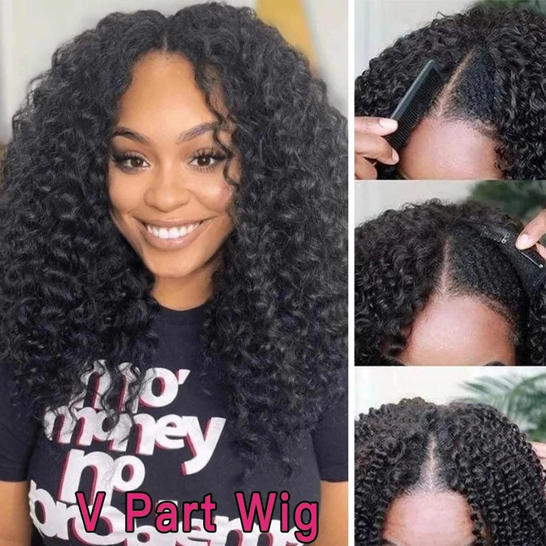 Bling Hair V Part Wigs Deep Wave With Invisible Strap Drawstring 100% Human Hair Glueless Wig Deep Wave Natural Hairline Beginner Friendly 180% Density Curly Wigs For Women Natural Black