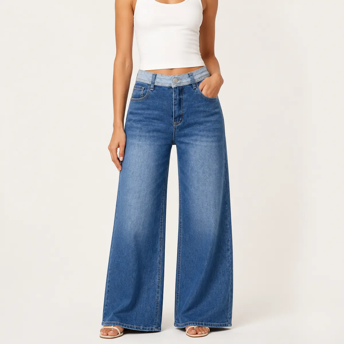 Women's Basic 2-Tone Waist Wide-Leg Stretch Denim Jeans - Dark Wash Bottoms with Flap Back Pockets