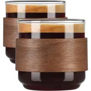 Espresso Cups Set of 2 with Wooden Ring, 5 OZ High Borosilicate Espresso Shot Glass, Clear Small Expresso Shots Cup, Espresso Accessories