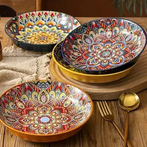 Floral & Plants Pattern Ceramic Bowl Set, 4 Counts/set Colorful Ceramic Salad Bowl, Dishwasher & Microwave Safe Bowl for Pasta, Pancakes & Steak, Serving Bowls
