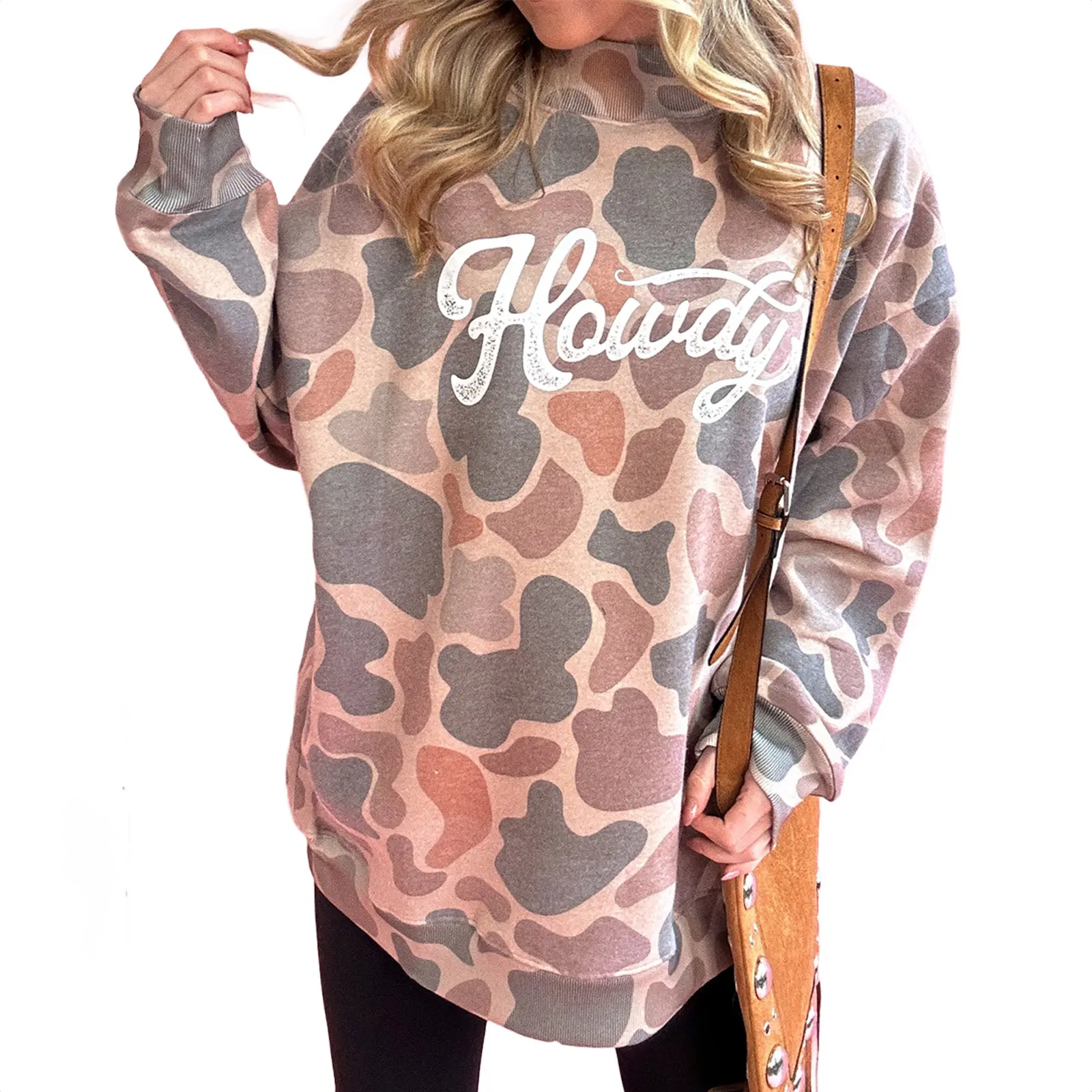 Hotapei Women's Western Howdy Graphic Print Sweatshirt Long Sleeve Drop Shoulder Mock Neck Pullover Tops Cow Print Casual Fall Winter Y2K Streetwear Oversized Relaxed Fit Jumper Trendy Country Music Festival Concert Outfits Daily Wear For Ladies Girls