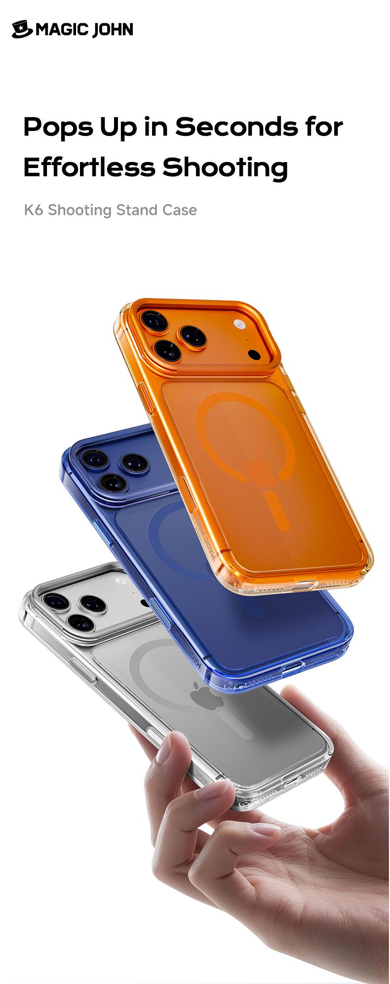 MAGICJOHN iPhone 17/17 Air/16/15 Pro Max Kickstand Case – Multi-Angle Adjustable Lens Stand with Raised Camera Protection