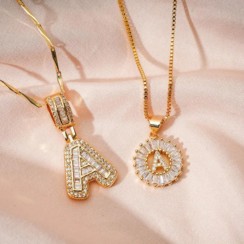 14K Gold Plated Double Layer Initial A Ladies Necklaces - Iced Out Baguette Cut Cubic Zirconia, Round Disc + Big Letter Stackable Choker, Luxury Bling Alphabet Pendant Jewelry for Women's Birthday Anniversary Gift