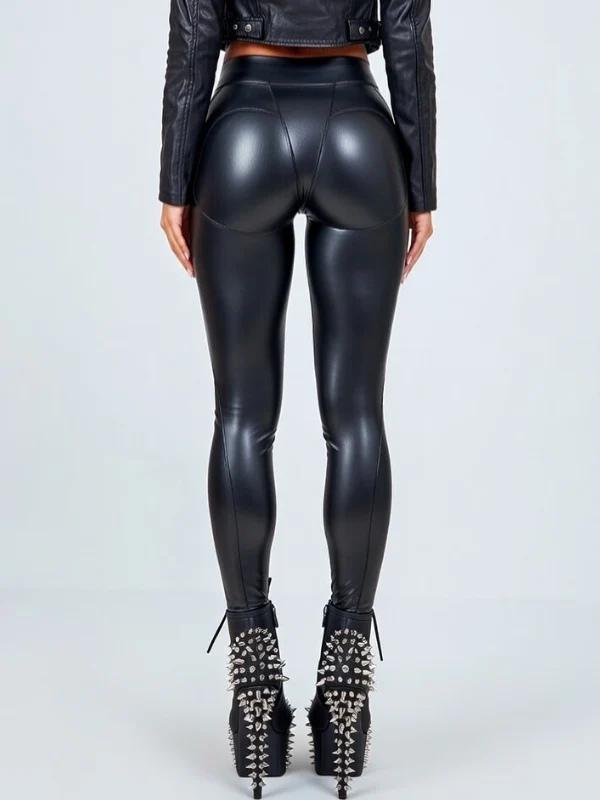 (RUN SMALL,PLEASE SIZING UP)ZASWUA Female Push-Up Zipper PU Leather Leggings Womenswear Bottom, Everyday, curvy clothing,black leggings, Spandex, Fabric