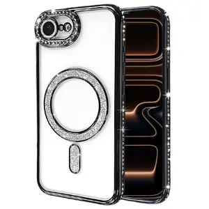 Magnetic Glitter Diamond for iPhone 16E 17E SE4 Case Shiny Rhinestone Camera Lens Protector Bling Clear Slim black Case