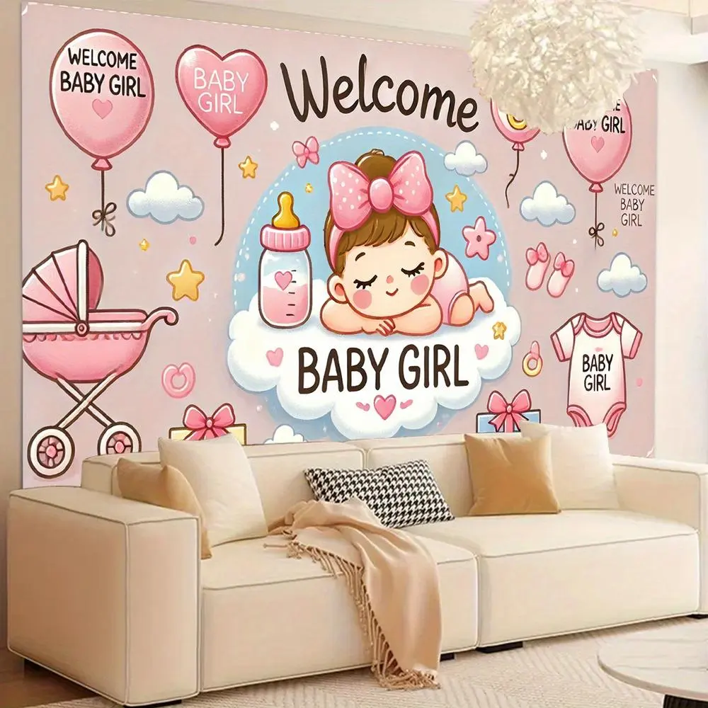 1pc 2D Flat Welcome Youngsters Girl Backdrop Banner - Durable Polyester Photo Backdrop with Pink & Blue Balloons, Clouds, Stars & Youngsters Bottle Design for Youngsters Showers, First Birthdays, White