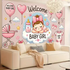 1pc 2D Flat Welcome Youngsters Girl Backdrop Banner - Durable Polyester Photo Backdrop with Pink & Blue Balloons, Clouds, Stars & Youngsters Bottle Design for Youngsters Showers, First Birthdays, White