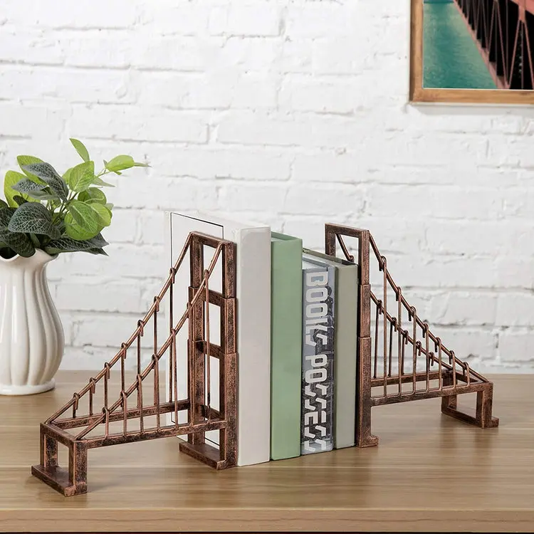Vintage Bronze Metal Suspension Bridge Design Bookends, Set of 2