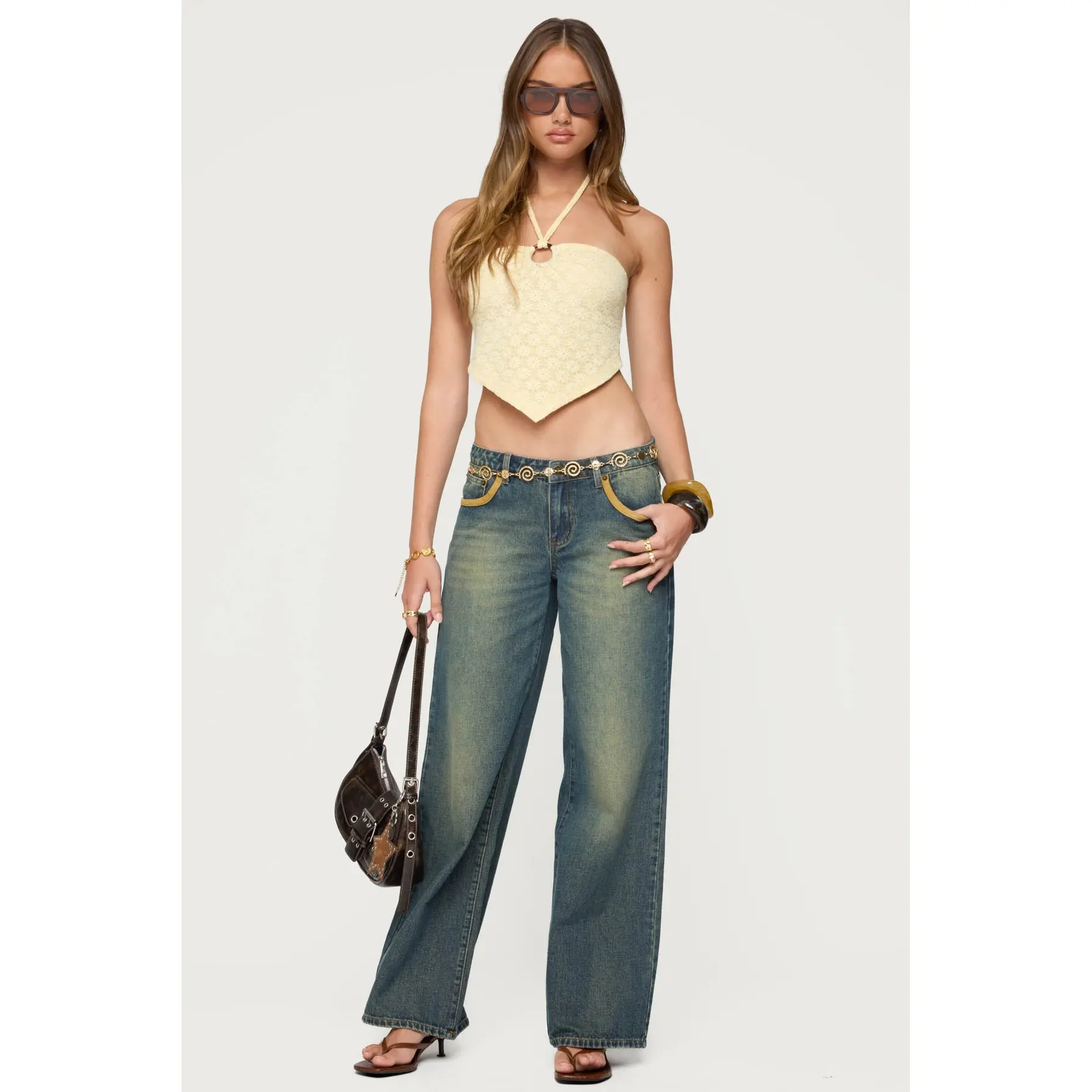 Faux Suede Star Low Rise Baggy Jeans