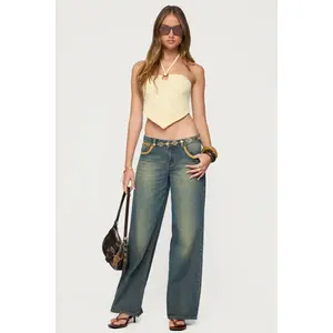 Faux Suede Star Low Rise Baggy Jeans