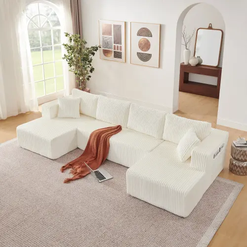 Beige + Corduroy + 5-Seater + (Storage Pocket)