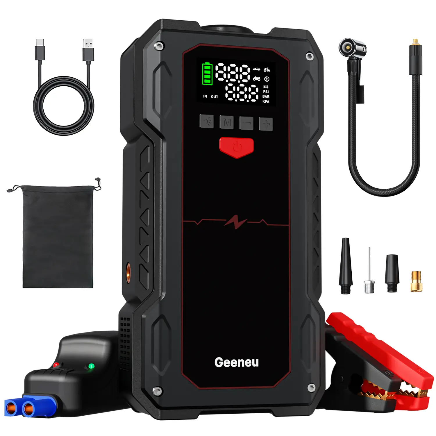 Geeneu 6000A / 16800mAh Portable Car Jump Starter with Air Compressor (ALL Gas/10.0L Diesel), 12V Car Battery Jump Box, 150PSI Digital Tire Inflator, Automotive Tool Kit, Vehicle
