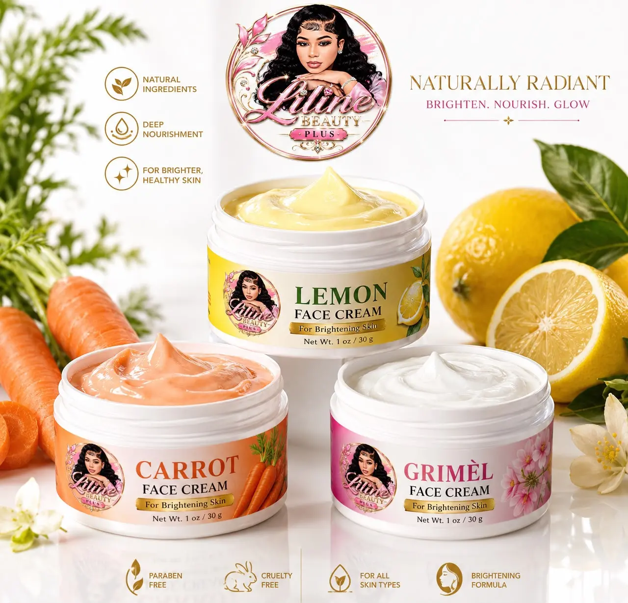 Liline Beauty Plus1 1oz Face Cream Sample Trio Set - Carrot, Grimel, and Lemon Infused Body Moisturizer Cream for Skin Care
