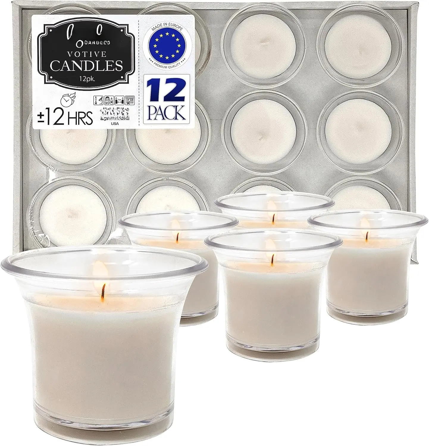 Votive Candles - White Votives in Clear Cup - 12 Hour  Time Unscented Votive Candles Bulk - Pack of 12 Small Candles in Bulk -