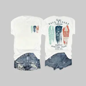 California West Coast Surfer, Surf Team, Vintage Surfboard Design, Women's Casual Round Neck Short Sleeve T-Shirt, Suitable For Summer And Spring