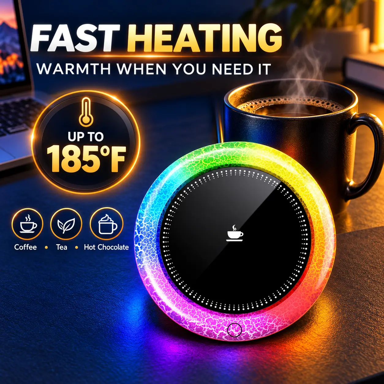 Phueut Coffee Mug Warmer - Fastest Heating & Highest Temperature, Coffee Cup Warmer for Desk Auto Shut Off, 4 Temp Settings & 1-12H Timer, Smart Electric Beverage Warmer for Coffee, Tea, Water, Milk and Coco