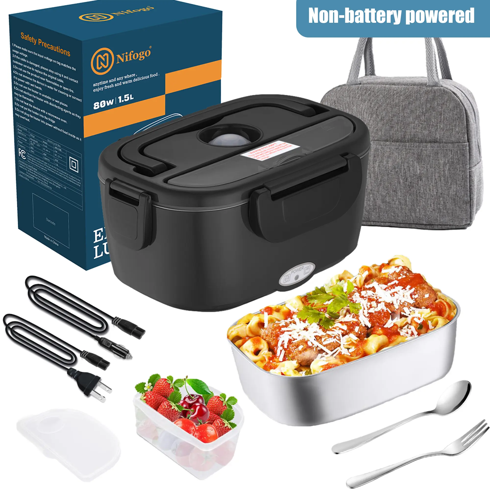 Portable Heated Food Warmer Lunch Box - 100W 1.8L Hot Food Container with Tableware & Lunch Bag, Camp Cookware for Adults’ Hiking/Light Outdoor & Home Use