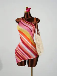 European and American Style Patchwork Print Women's One-Shoulder Sleeveless Slimming Bodycon Dress, Asymmetrical Hem Summer Beach Dress