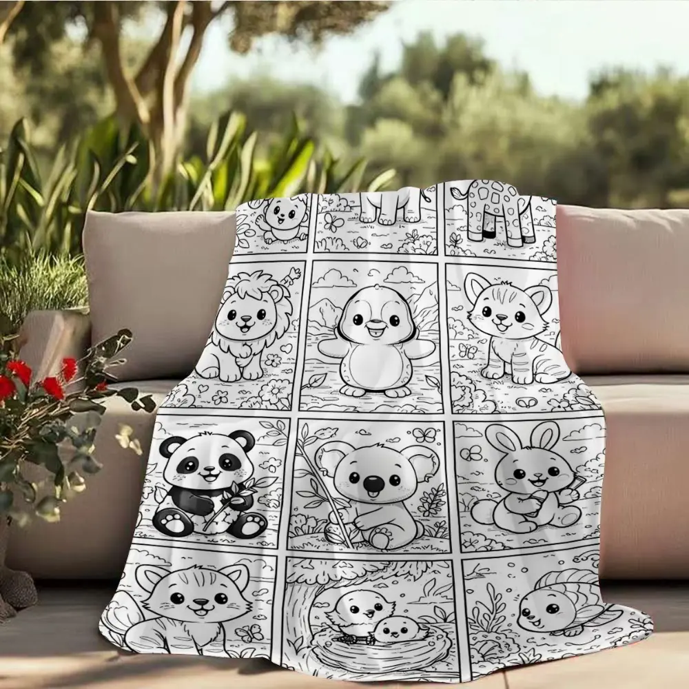 Coloring Book Animal Blanket, Soft Flannel Throw Blanket with Cute Black White Cartoon Animals, Cozy Kids Blanket for Boys Girls Toddlers, Baby Shower Gift, Nursery Room Decor for Bed Couch Sofa Stroller, Fun Animal Blanket for Naptime