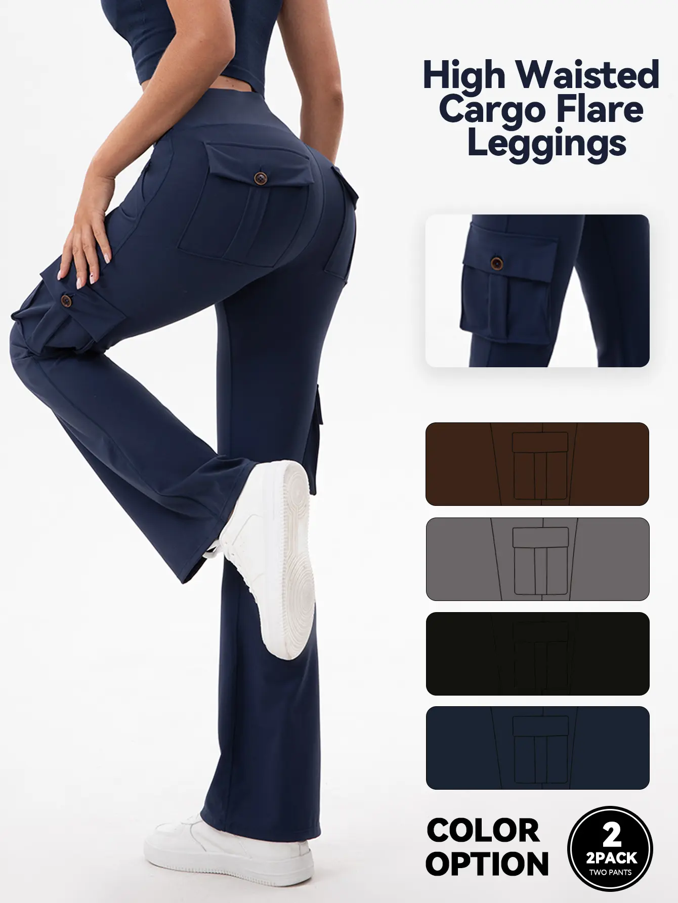 Women's 2-Pack High Waisted Cargo Trouser Leggings - 4 Pockets, Front Seam Tummy Control, Bootcut, Breathable Comfortable Fabric, Fit Universal Sports Bottoms Streetwear Essential