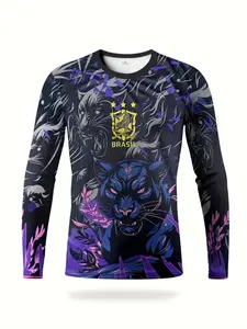 Men's Brazil Leopard Football Long Sleeve Jersey, Soccer Shirt, Breathable Round Neck Sport Top, Lightweight Sweat-Wicking Fabric, Casual Wear