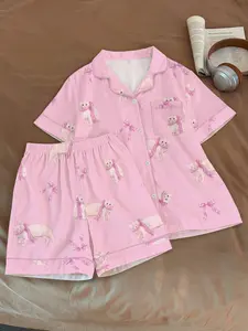 Women's Cat Print Pajama Set, Casual Short Sleeve Top and Shorts, Comfortable Summer Loungewear for Home Relaxation, Casual Sleepwear Set