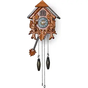 Cuckoo Wall Clock with Night Mode in Traditional German Style with Carved Squirrels (Cherry)