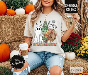 Happy Hallothankmas Shirt Comfort Colors , Halloween Thanksgiving Christmas Shirt,  Women's Holiday Tee