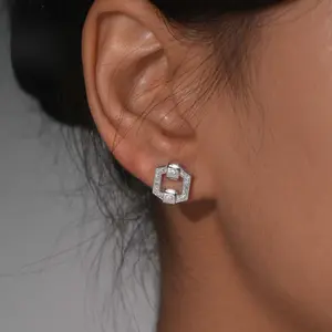 925 Silver D Color Synthetic Moissanite Hexagon Stud Earrings Minimalist Unisex Hoop Style Jewelry