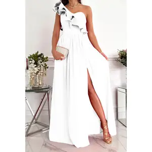 Women's Wedding Guest Dress One Shoulder Evening Gown High Waist Split for Birthday Party Casual Wear Elegant White Gown