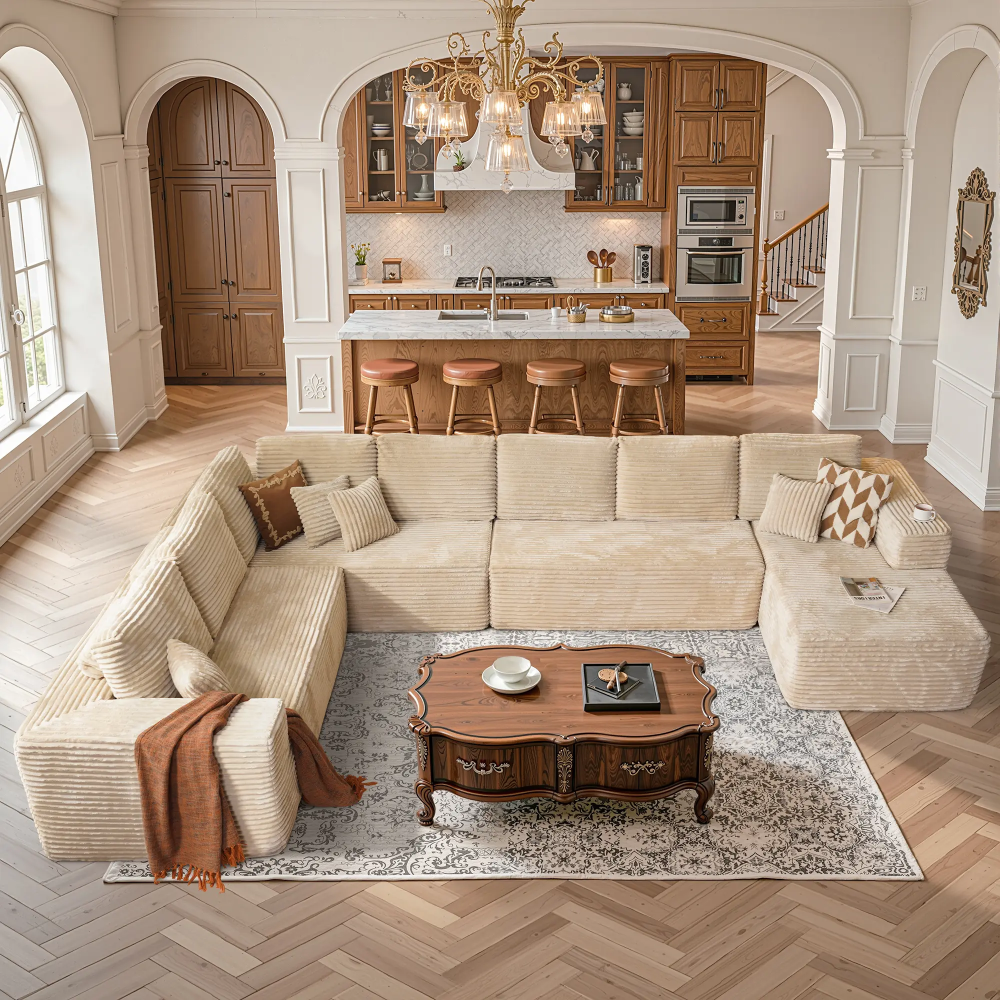 L-Shaped Beige Plush Corduroy(A1)